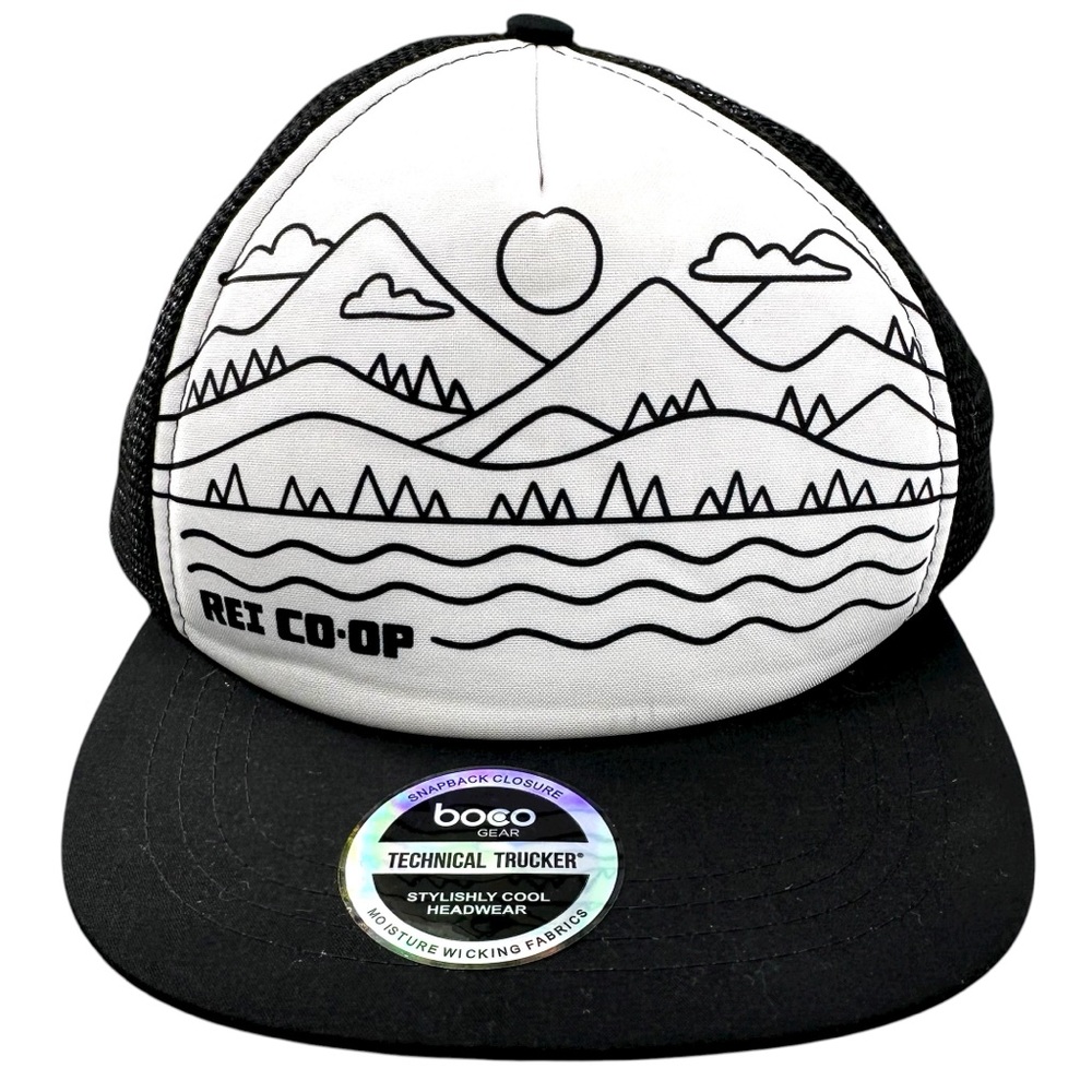 REI‎ CO-OP Mountain Script Technical Trucker SnapBack Mesh Back Hat Boca Gear